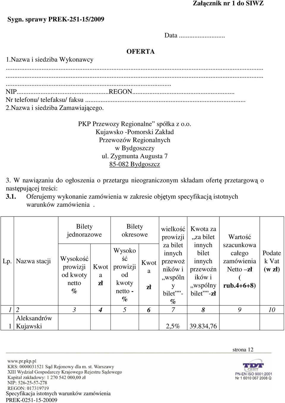 W nawiązaniu do ogłoszenia o przetargu nieograniczonym składam ofertę przetargową o następującej treści: 3.1.