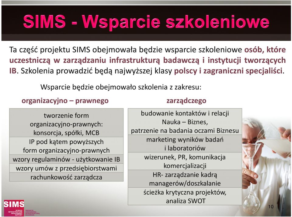 Wsparcie będzie obejmowało szkolenia z zakresu: organizacyjno prawnego tworzenie form organizacyjno-prawnych: konsorcja, spółki, MCB IP pod kątem powyższych form organizacyjno-prawnych wzory