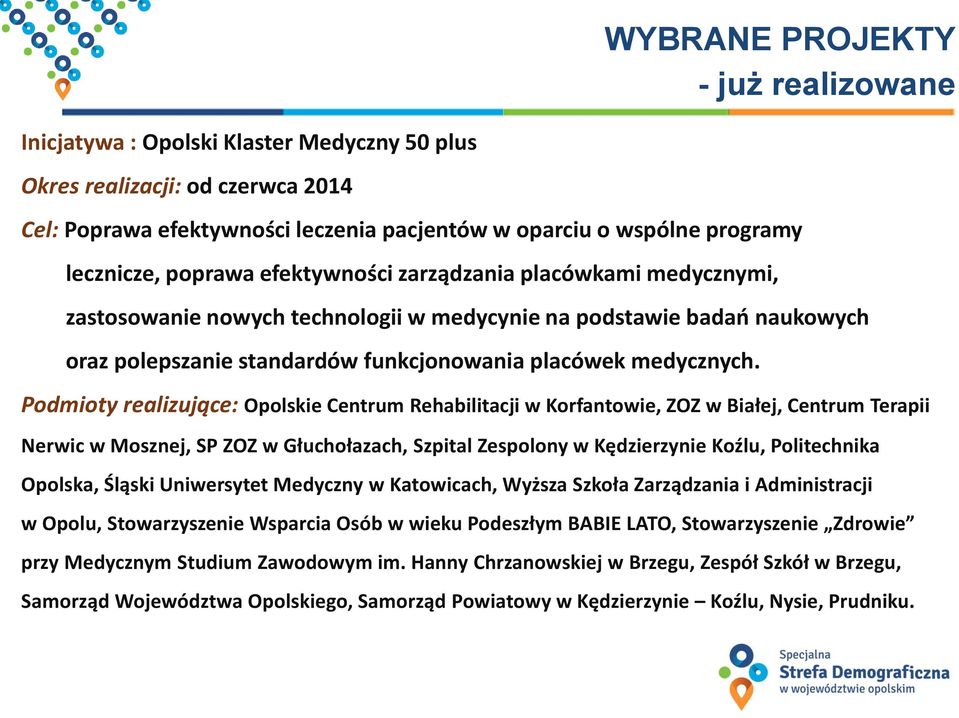 Podmioty realizujące: Opolskie Centrum Rehabilitacji w Korfantowie, ZOZ w Białej, Centrum Terapii Nerwic w Mosznej, SP ZOZ w Głuchołazach, Szpital Zespolony w Kędzierzynie Koźlu, Politechnika