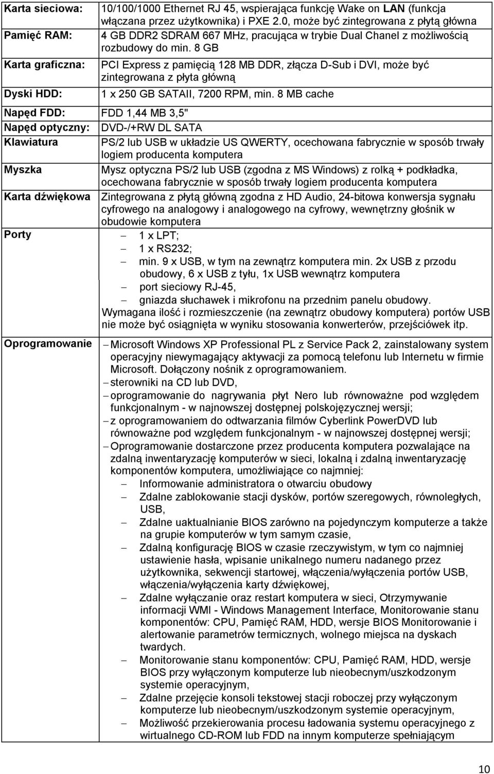 8 GB PCI Express z pamięcią 128 MB DDR, złącza D-Sub i DVI, może być zintegrowana z płyta główną 1 x 250 GB SATAII, 7200 RPM, min.