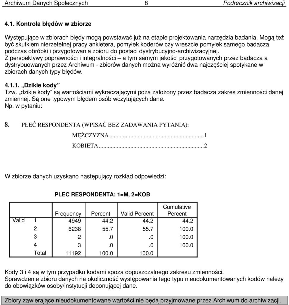 Z perspektywy poprawności i integralności a tym samym jakości przygotowanych przez badacza a dystrybuowanych przez Archiwum - zbiorów danych można wyróżnić dwa najczęściej spotykane w zbiorach danych