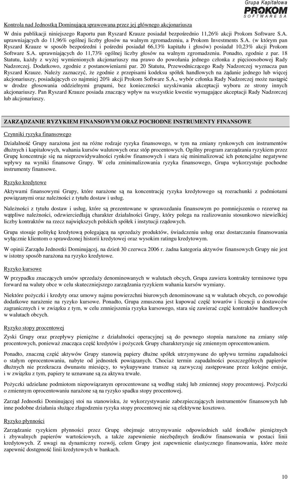 (w którym pan Ryszard Krauze w sposób bezpośredni i pośredni posiadał 66,13% kapitału i głosów) posiadał 10,23% akcji Prokom Software S.A.