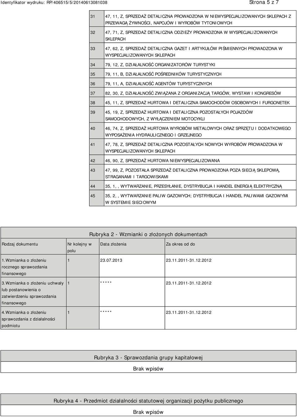 DZIAŁALNOŚĆ POŚREDNIKÓW TURYSTYCZNYCH 36 79, 11, A, DZIAŁALNOŚĆ AGENTÓW TURYSTYCZNYCH 37 82, 30, Z, DZIAŁALNOŚĆ ZWIĄZANA Z ORGANIZACJĄ TARGÓW, WYSTAW I KONGRESÓW 38 45, 11, Z, SPRZEDAŻ HURTOWA I