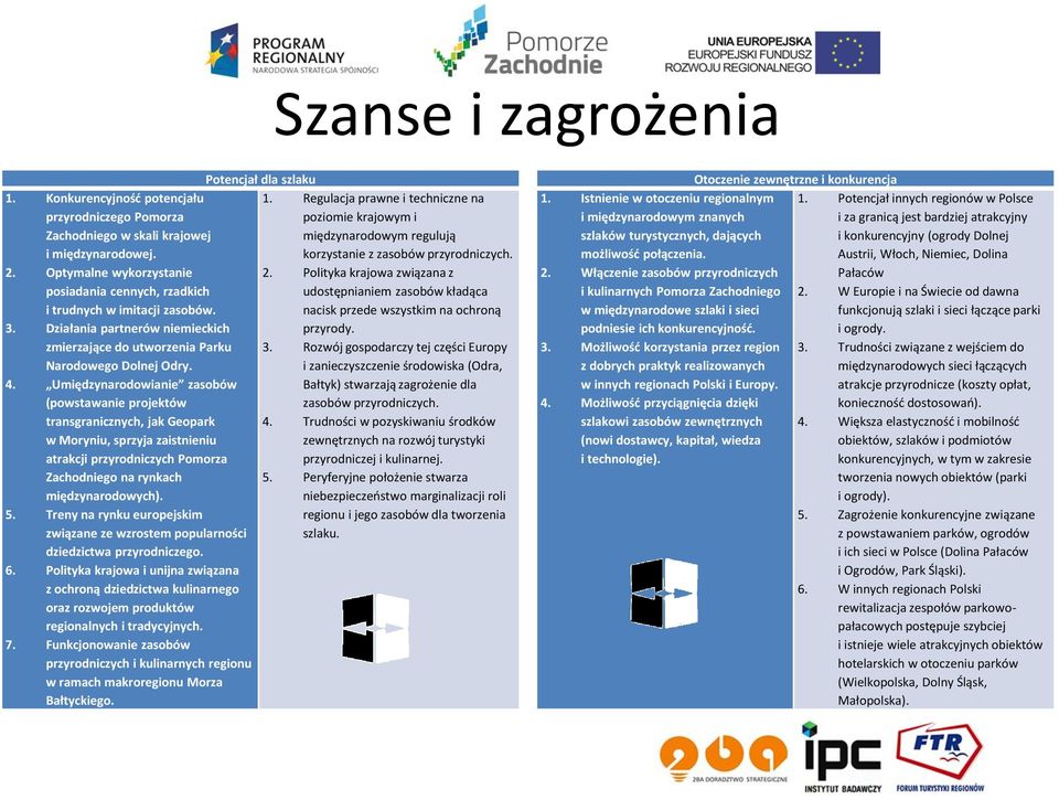 Umiędzynarodowianie zasobów (powstawanie projektów transgranicznych, jak Geopark w Moryniu, sprzyja zaistnieniu atrakcji przyrodniczych Pomorza Zachodniego na rynkach międzynarodowych). 5.