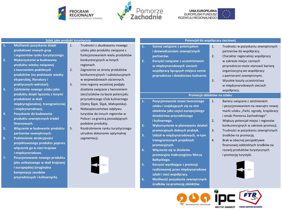 Zaistnienie nowego szlaku jako produktu dzięki łączeniu z innymi produktami w skali międzyregionalnej, transgranicznej i międzynarodowej. 4.