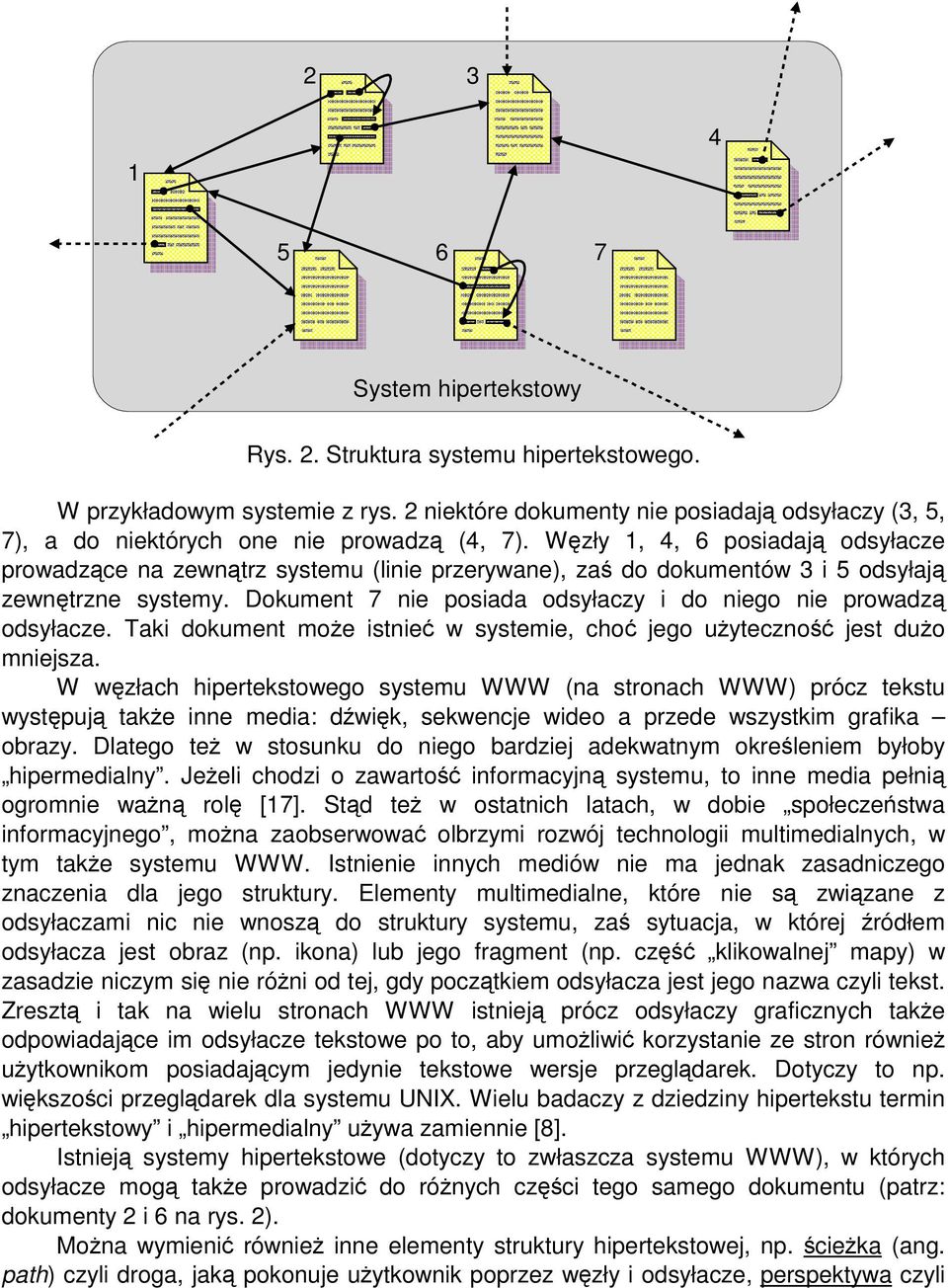 Wzły 1, 4, 6 posiadaj odsyłacze prowadzce na zewntrz systemu (linie przerywane), za do dokumentów 3 i 5 odsyłaj zewntrzne systemy. Dokument 7 nie posiada odsyłaczy i do niego nie prowadz odsyłacze.