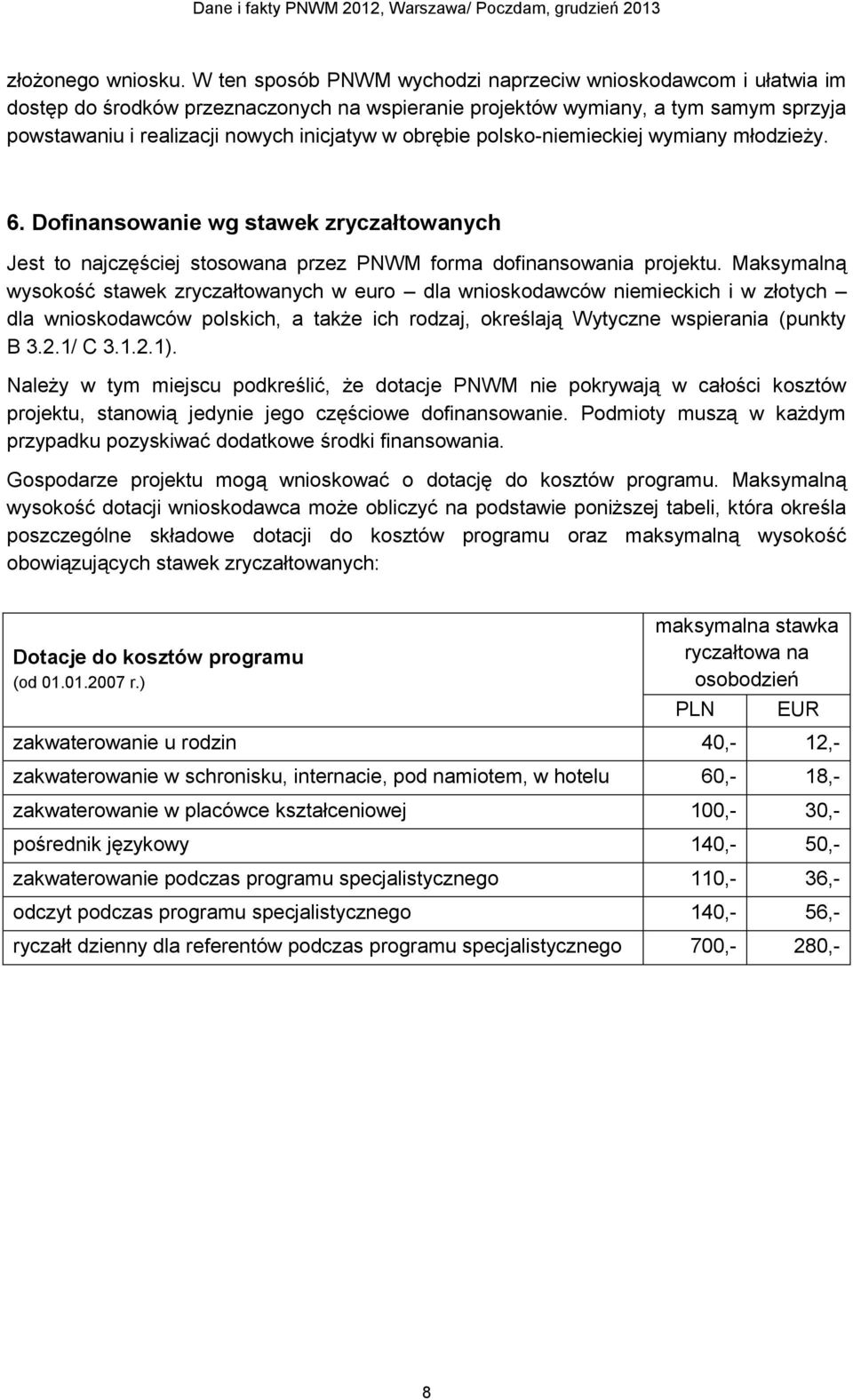 obrębie polsko-niemieckiej wymiany młodzieży. 6. Dofinansowanie wg stawek zryczałtowanych Jest to najczęściej stosowana przez PNWM forma dofinansowania projektu.