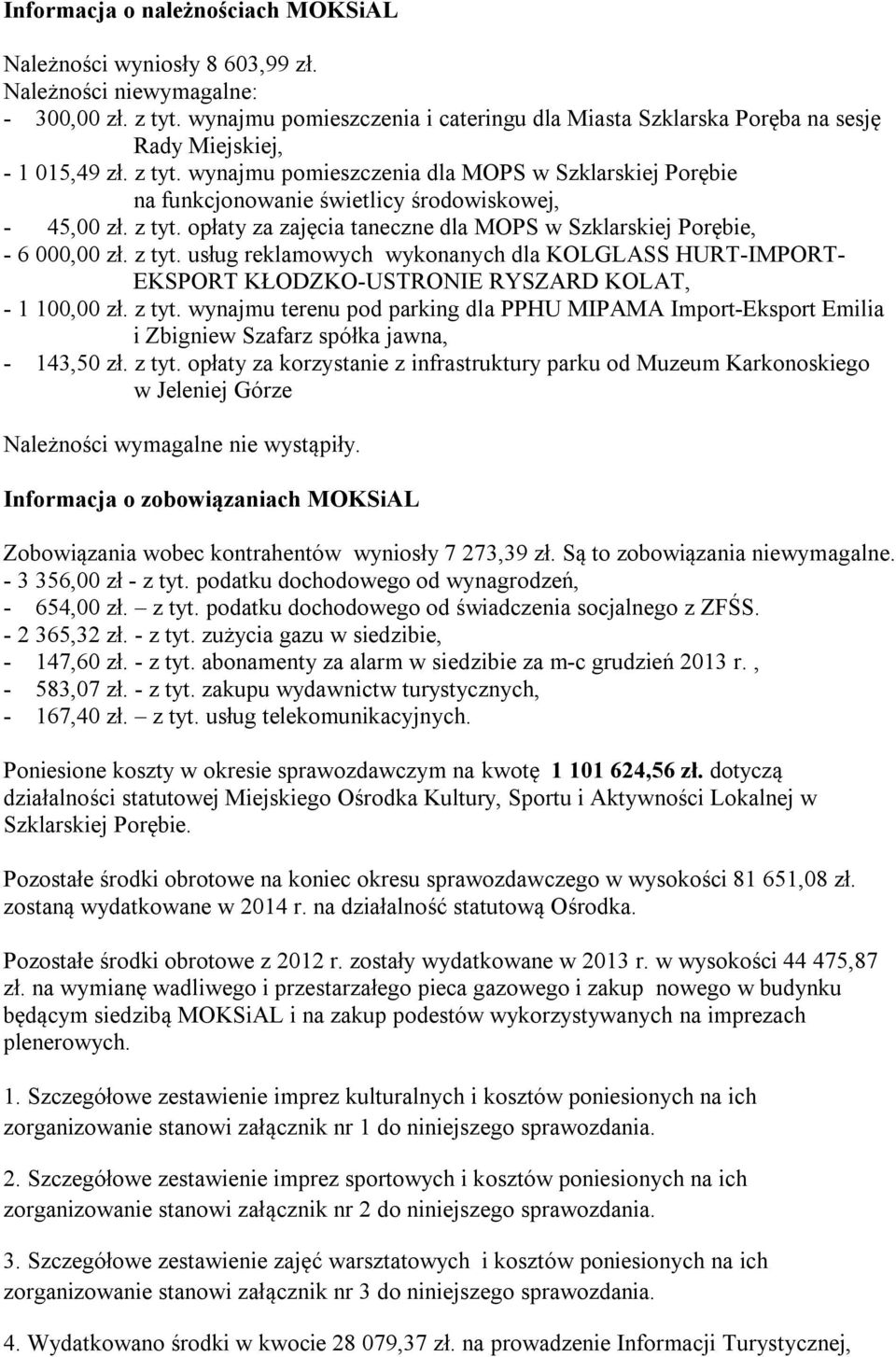 wynajmu pomieszczenia dla MOPS w Szklarskiej Porębie na funkcjonowanie świetlicy środowiskowej, - 45,00 zł. z tyt.