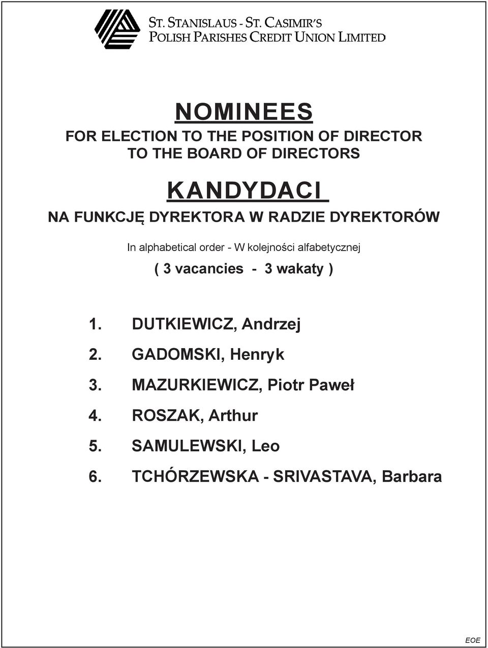 alfabetycznej ( 3 vacancies - 3 wakaty ) 1. DUTKIEWICZ, Andrzej 2. GADOMSKI, Henryk 3.