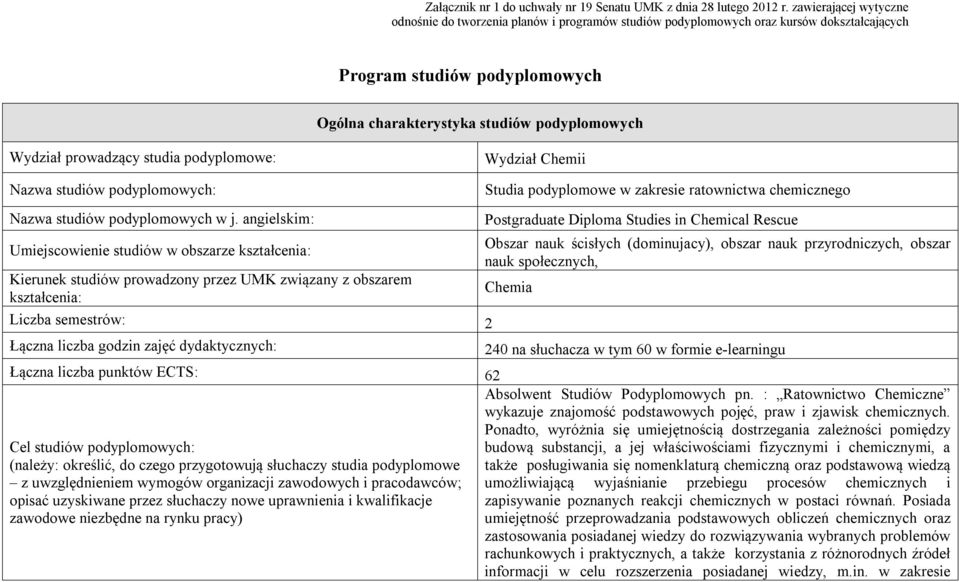 prowadzący studia podyplomowe: Wydział Chemii Nazwa studiów podyplomowych: Nazwa studiów podyplomowych w j.