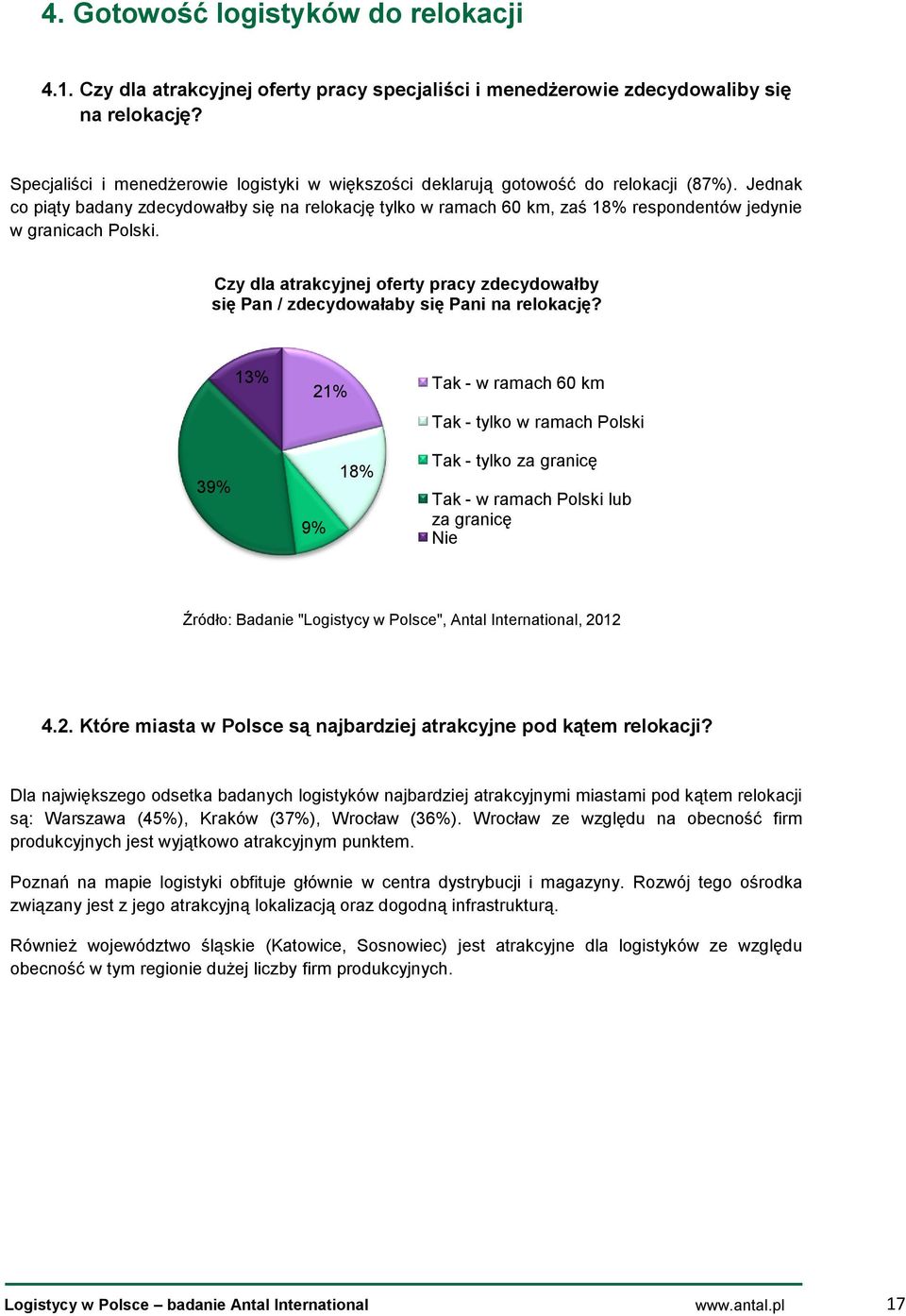 Jednak co piąty badany zdecydowałby się na relokację tylko w ramach 60 km, zaś 18% respondentów jedynie w granicach Polski.