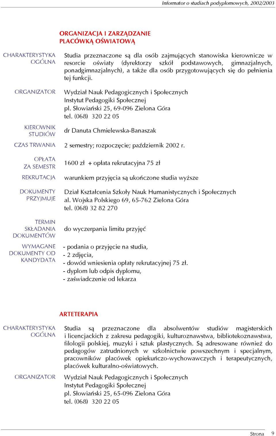 (068) 320 22 05 dr Danuta Chmielewska-Banaszak ; rozpoczęcie; październik 2002 r.