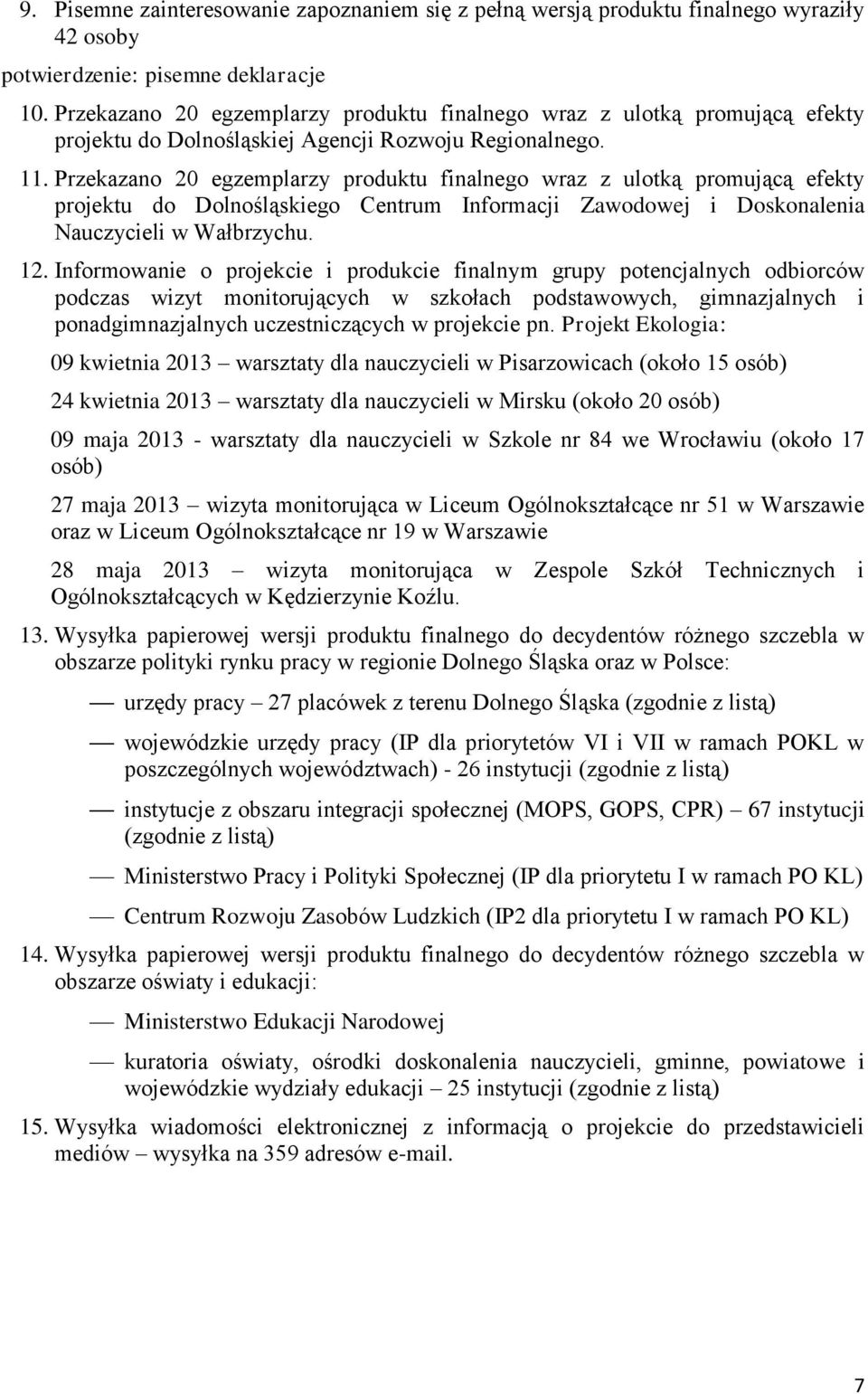 Przekazano 20 egzemplarzy produktu finalnego wraz z ulotką promującą efekty projektu do Dolnośląskiego Centrum Informacji Zawodowej i Doskonalenia Nauczycieli w Wałbrzychu. 12.