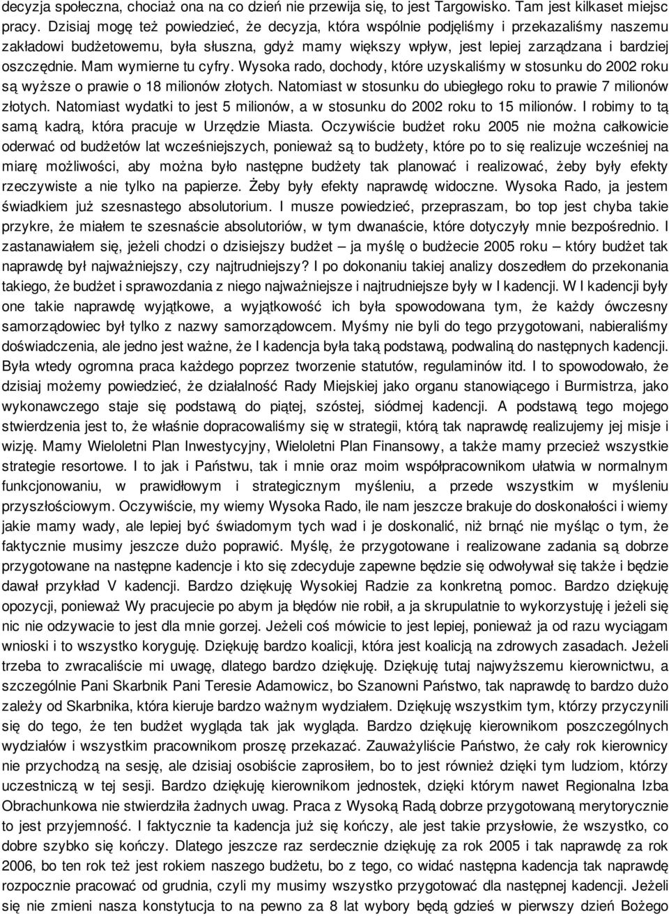 Mam wymierne tu cyfry. Wysoka rado, dochody, które uzyskaliśmy w stosunku do 2002 roku są wyższe o prawie o 18 milionów złotych. Natomiast w stosunku do ubiegłego roku to prawie 7 milionów złotych.