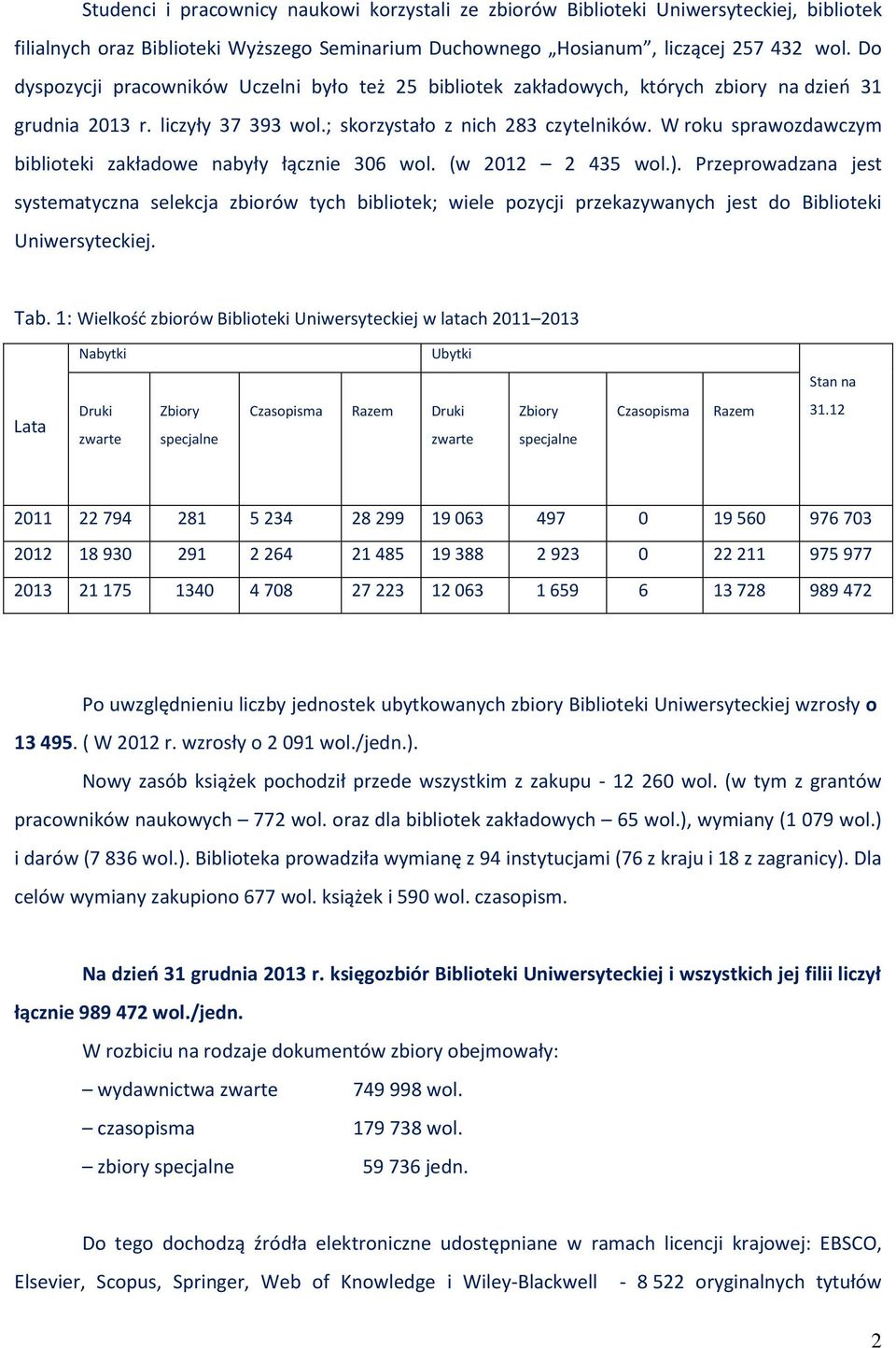 W roku sprawozdawczym biblioteki zakładowe nabyły łącznie 306 wol. (w 2012 2 435 wol.).