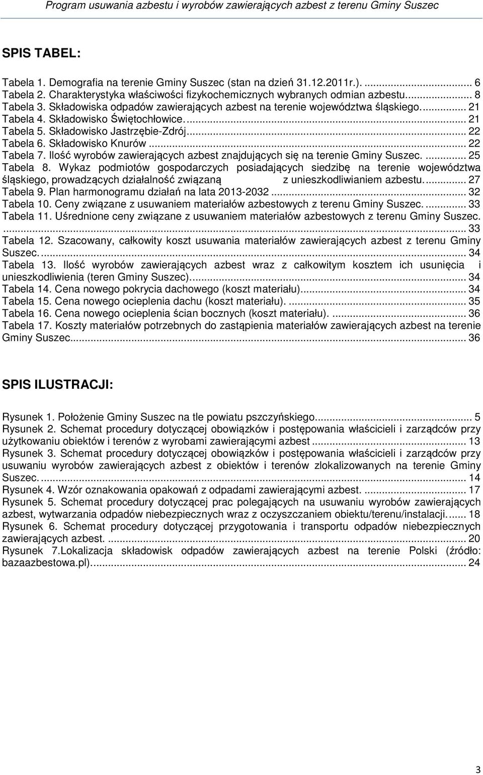 .. 22 Tabela 7. Ilość wyrobów zawierających azbest znajdujących się na terenie Gminy Suszec.... 25 Tabela 8.