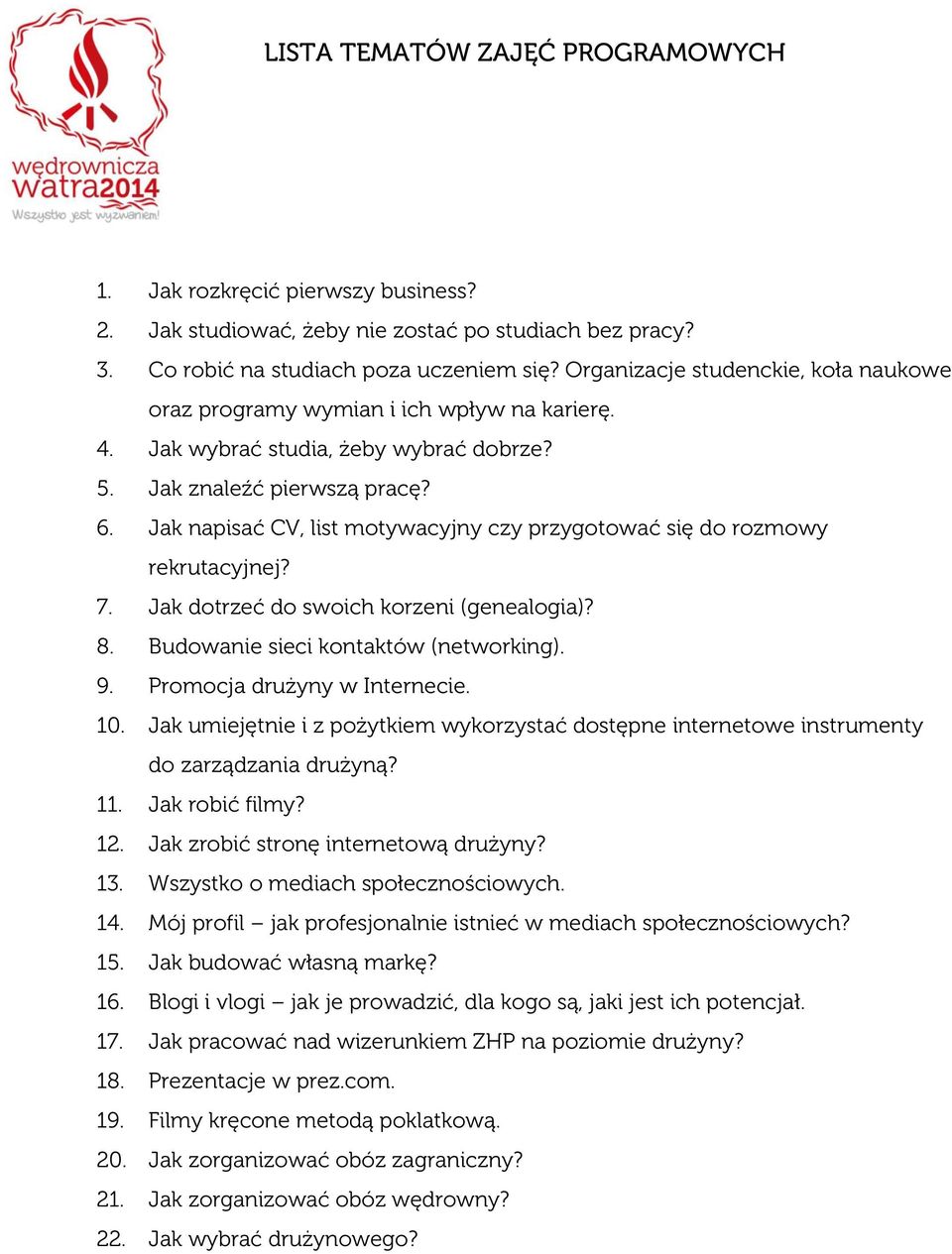 Jak napisać CV, list motywacyjny czy przygotować się do rozmowy rekrutacyjnej? 7. Jak dotrzeć do swoich korzeni (genealogia)? 8. Budowanie sieci kontaktów (networking). 9.