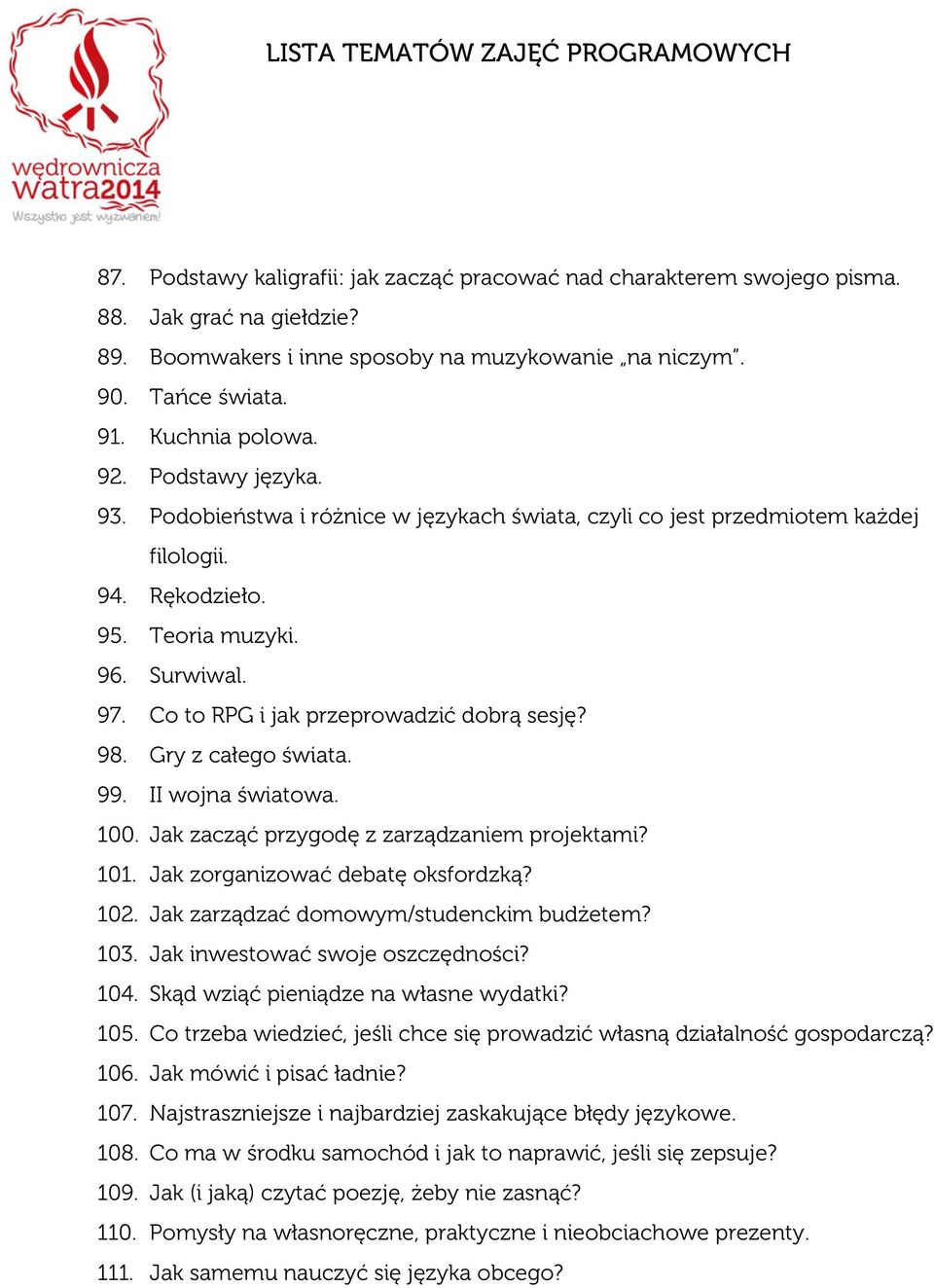 Co to RPG i jak przeprowadzić dobrą sesję? 98. Gry z całego świata. 99. II wojna światowa. 100. Jak zacząć przygodę z zarządzaniem projektami? 101. Jak zorganizować debatę oksfordzką? 102.