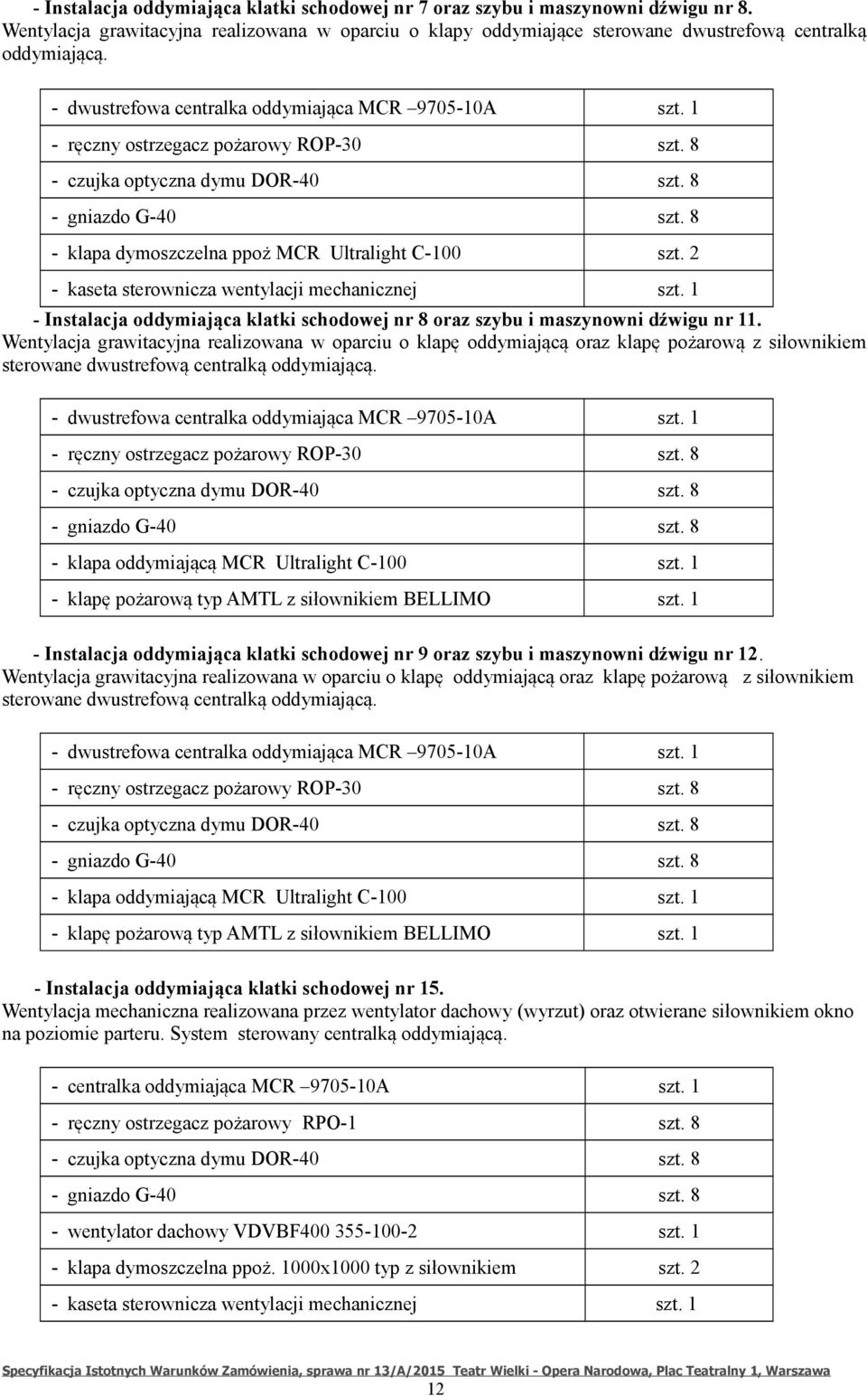 8 - klapa dymoszczelna ppoż MCR Ultralight C-100 szt. 2 - kaseta sterownicza wentylacji mechanicznej szt. 1 - Instalacja oddymiająca klatki schodowej nr 8 oraz szybu i maszynowni dźwigu nr 11.