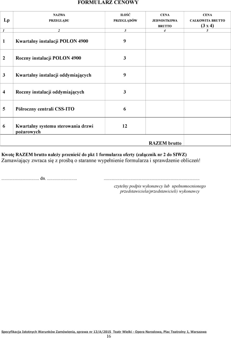 sterowania drzwi pożarowych 12 RAZEM brutto Kwotę RAZEM brutto należy przenieść do pkt 1 formularza oferty (załącznik nr 2 do SIWZ) Zamawiający zwraca się z