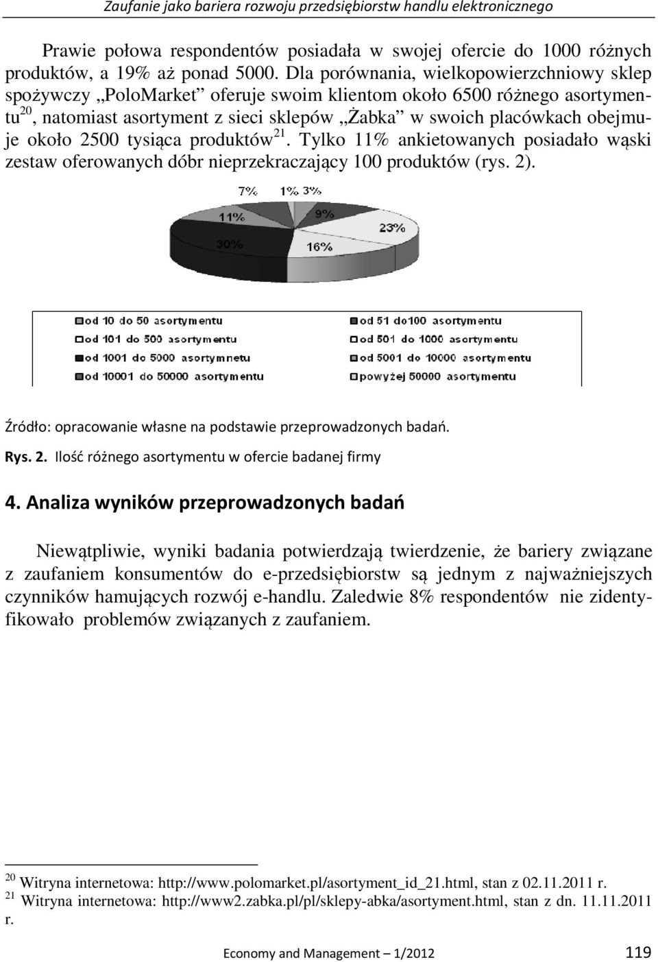 2500 tysiąca produktów 21. Tylko 11% ankietowanych posiadało wąski zestaw oferowanych dóbr nieprzekraczający 100 produktów (rys. 2). Źródło: opracowanie własne na podstawie przeprowadzonych badań.