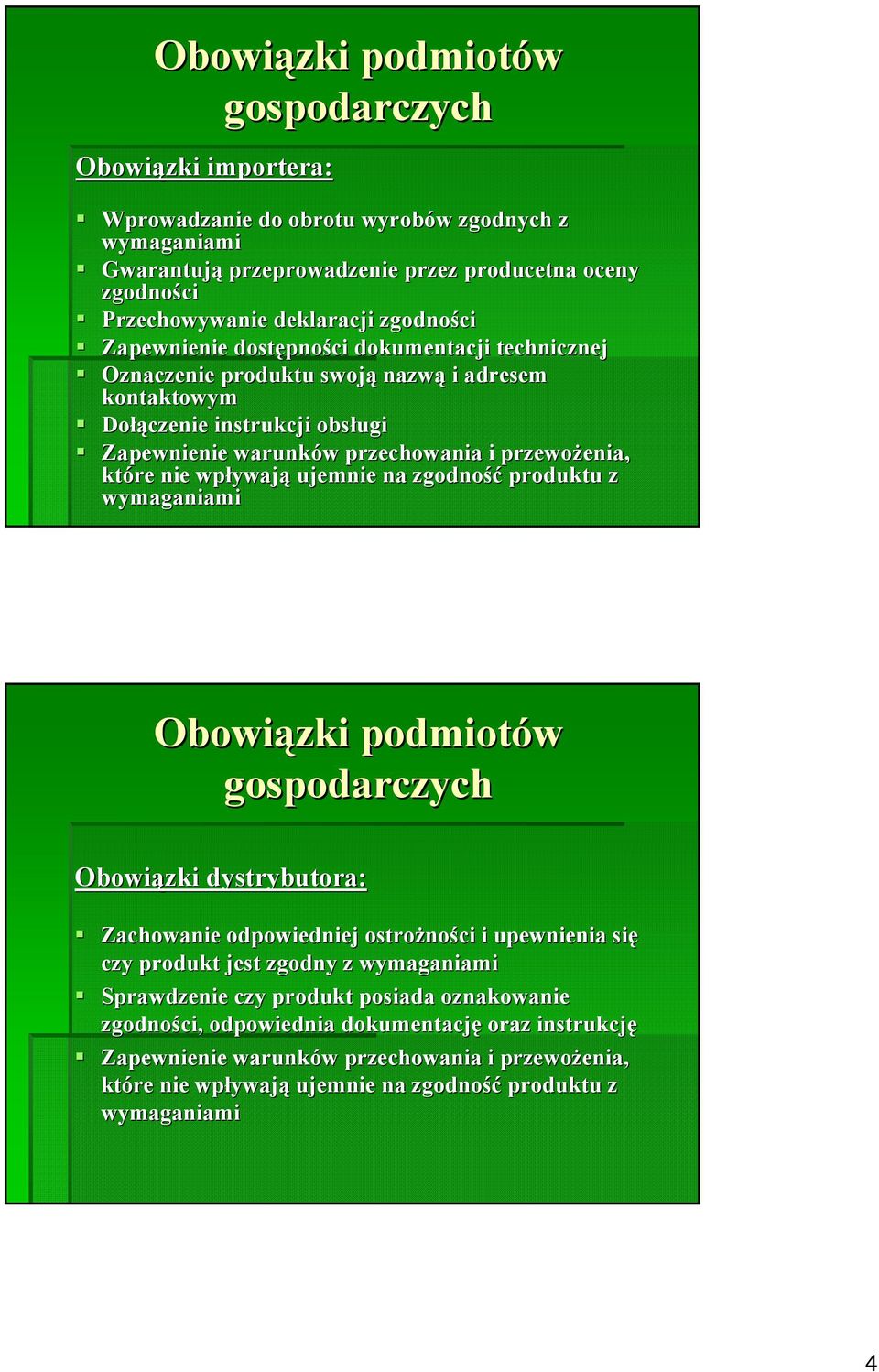 które nie wpływaj ywają ujemnie na zgodność produktu z wymaganiami Obowiązki podmiotów Obowiązki dystrybutora: Zachowanie odpowiedniej ostrożno ności i upewnienia się czy produkt jest zgodny z