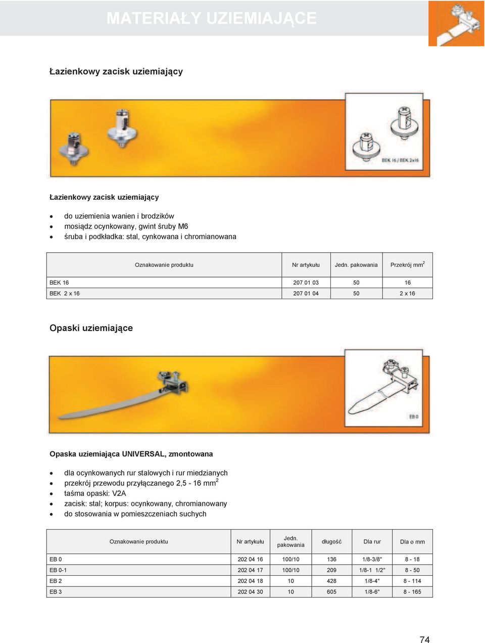 pakowania Przekrój mm 2 BEK 16 207 01 03 50 16 BEK 2 x 16 207 01 04 50 2 x 16 Opaski uziemiaj!ce Opaska uziemiaj!