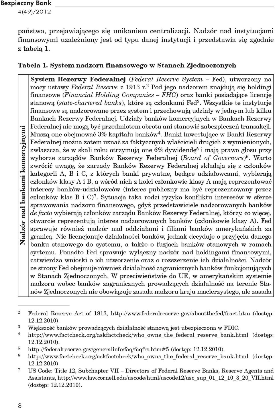 System nadzoru finansowego w Stanach Zjednoczonych 234567 Nadzór nad bankami komercyjnymi System Rezerwy Federalnej (Federal Reserve System Fed), utworzony na mocy ustawy Federal Reserve z 1913 r.