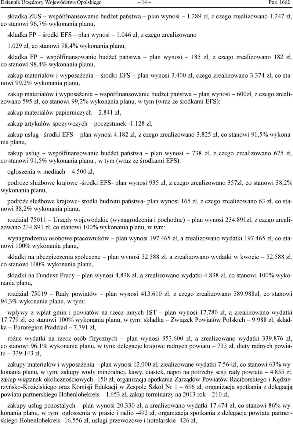 029 zł, co stanowi 98,4% wykonania składka FP współfinansowanie budżet państwa plan wynosi 185 zł, z czego zrealizowano 182 zł, co stanowi 98,4% wykonania zakup materiałów i wyposażenia środki EFS