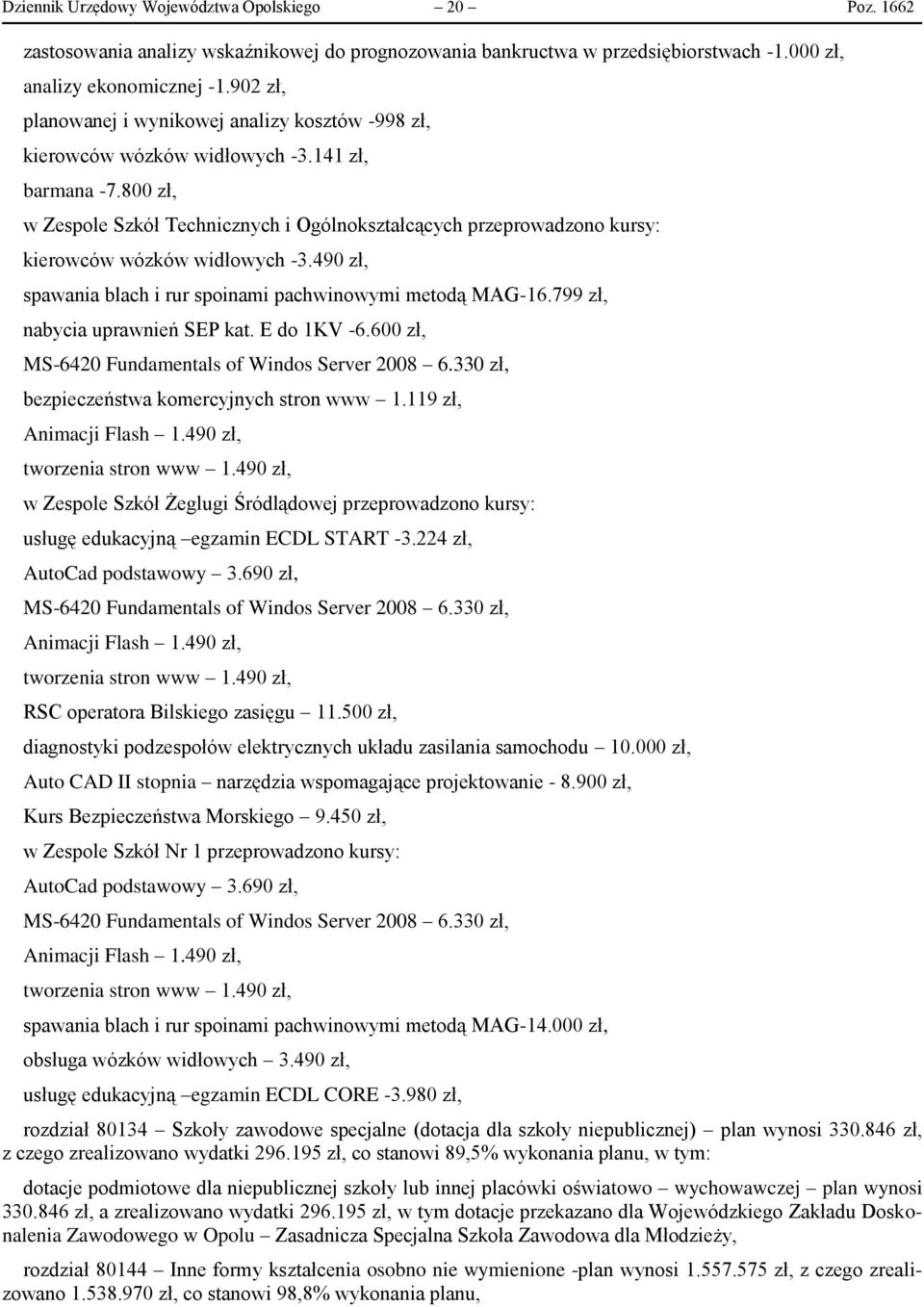 800 zł, w Zespole Szkół Technicznych i Ogólnokształcących przeprowadzono kursy: kierowców wózków widłowych -3.490 zł, spawania blach i rur spoinami pachwinowymi metodą MAG-16.