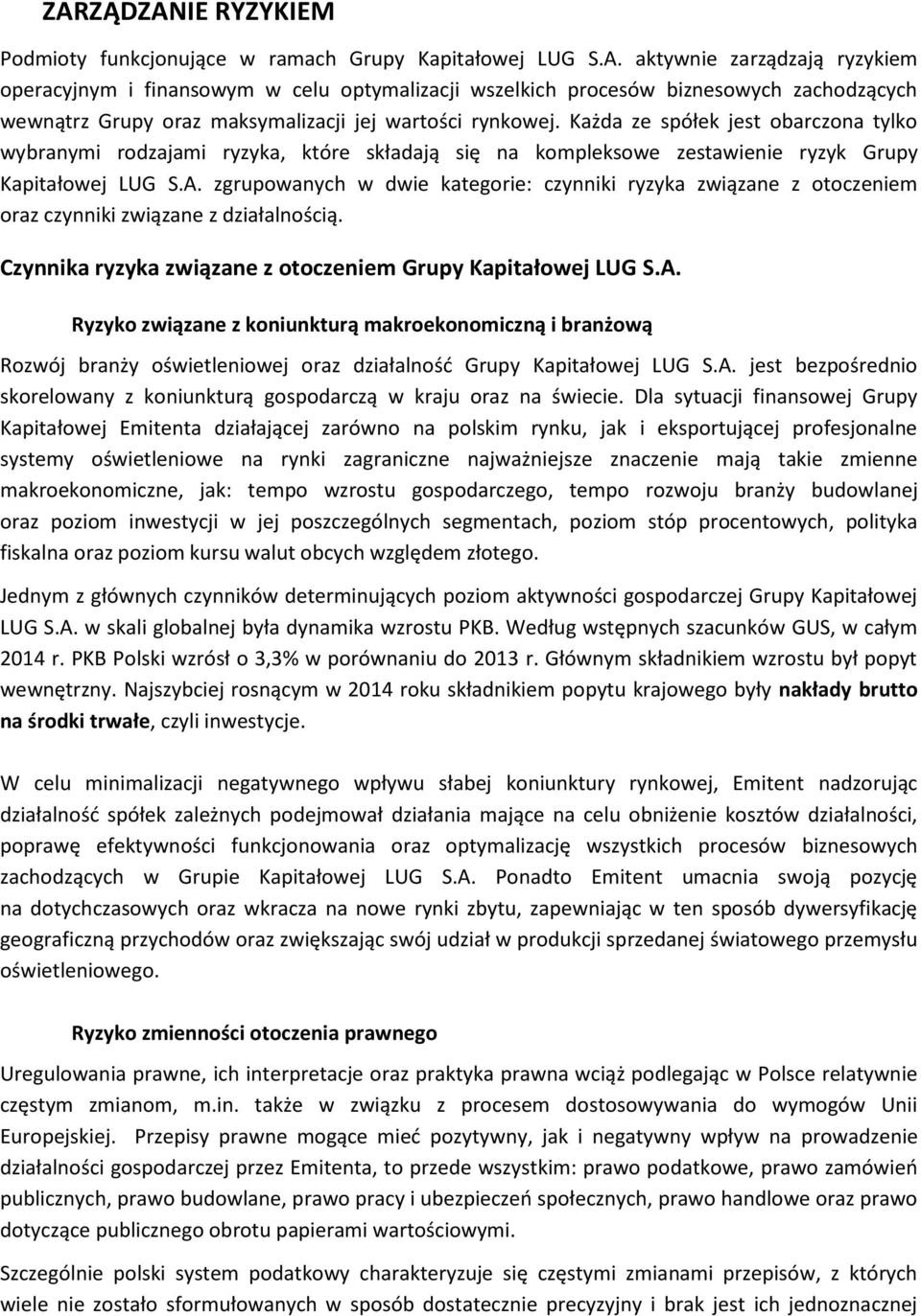 zgrupowanych w dwie kategorie: czynniki ryzyka związane z otoczeniem oraz czynniki związane z działalnością. Czynnika ryzyka związane z otoczeniem Grupy Kapitałowej LUG S.A.