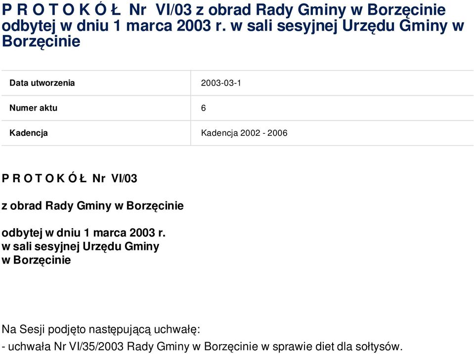 w sali sesyjnej Urzędu Gminy w Borzęcinie Na Sesji podjęto następującą uchwałę: - uchwała Nr VI/35/2003 Rady