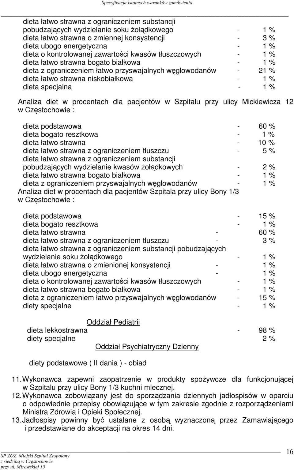 1 % Analiza diet w procentach dla pacjentów w Szpitalu przy ulicy Mickiewicza 12 w Częstochowie : dieta podstawowa - 60 % dieta bogato resztkowa - 1 % dieta łatwo strawna - 10 % dieta łatwo strawna z