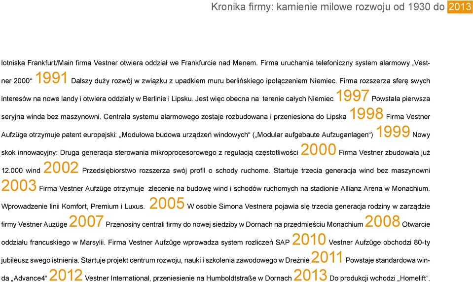 Firma rozszerza sferę swych interesów na nowe landy i otwiera oddziały w Berlinie i Lipsku. Jest więc obecna na terenie całych Niemiec 1997 Powstała pierwsza seryjna winda bez maszynowni.