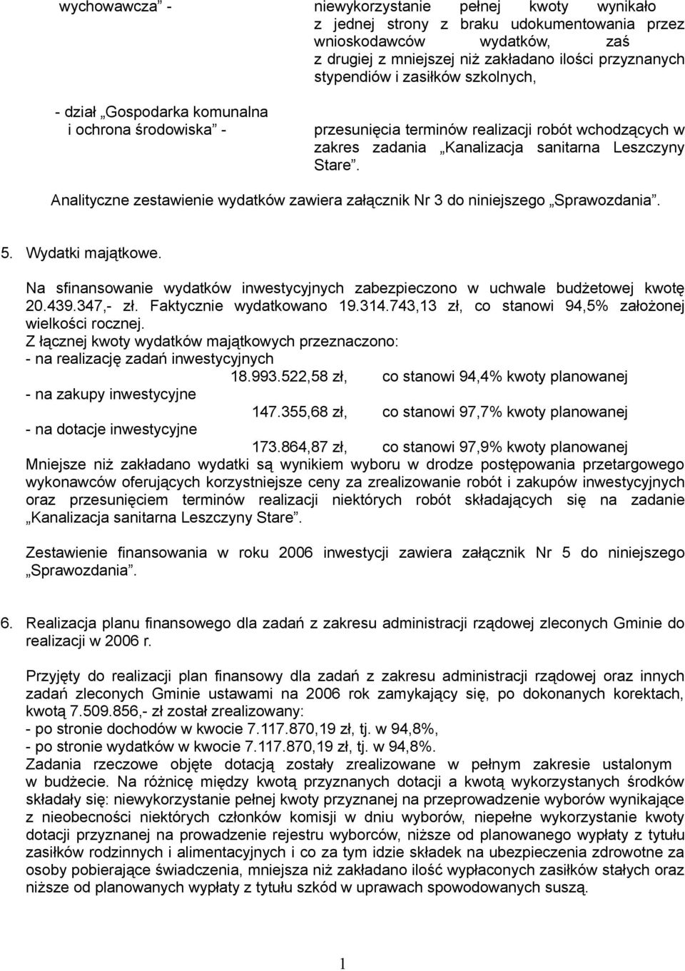 Analityczne zestawienie wydatków zawiera załącznik Nr 3 do niniejszego Sprawozdania. 5. Wydatki majątkowe. Na sfinansowanie wydatków inwestycyjnych zabezpieczono w uchwale budżetowej kwotę 20.439.