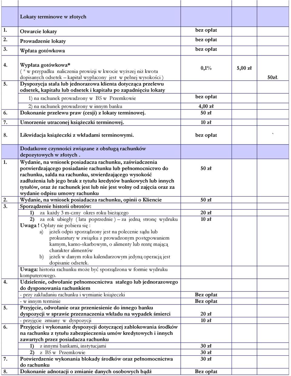 Dyspozycja stała lub jednorazowa klienta dotycząca przelewu odsetek, kapitału lub odsetek i kapitału po zapadnięciu lokaty 1) na rachunek prowadzony w BS w Przemkowie bez opłat 2) na rachunek