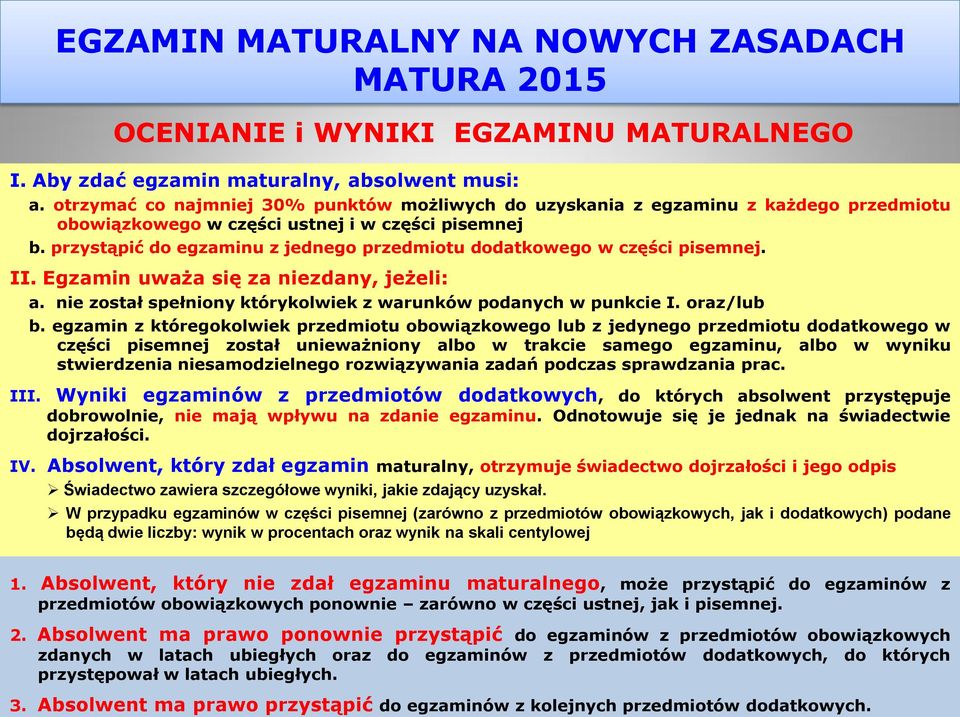 przystąpić do egzaminu z jednego przedmiotu dodatkowego w części pisemnej. II. Egzamin uważa się za niezdany, jeżeli: a. nie został spełniony którykolwiek z warunków podanych w punkcie I. oraz/lub b.