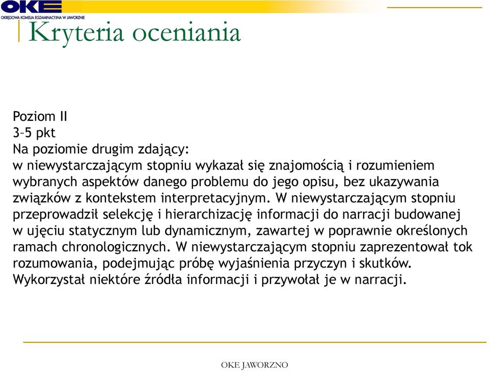 W niewystarczającym stopniu przeprowadził selekcję i hierarchizację informacji do narracji budowanej w ujęciu statycznym lub dynamicznym, zawartej w