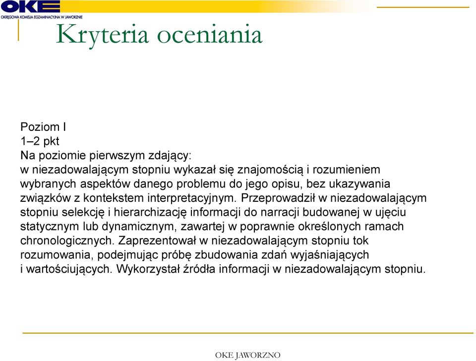 Przeprowadził w niezadowalającym stopniu selekcję i hierarchizację informacji do narracji budowanej w ujęciu statycznym lub dynamicznym, zawartej w