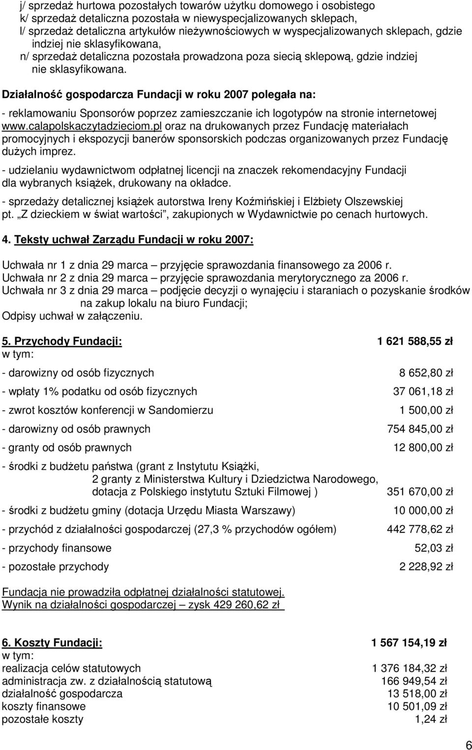 Działalność gospodarcza Fundacji w roku 2007 polegała na: - reklamowaniu Sponsorów poprzez zamieszczanie ich logotypów na stronie internetowej www.calapolskaczytadzieciom.