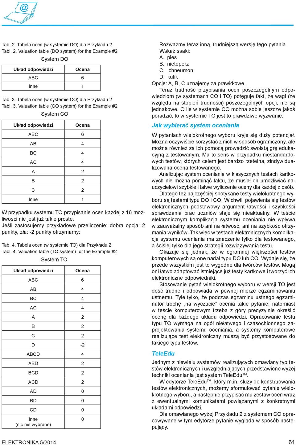 Valuation table (CO system) for the Example #2 System CO AB 4 BC 4 AC 4 A 2 B 2 C 2 W przypadku systemu TO przypisanie ocen każdej z 16 możliwości nie jest już takie proste.