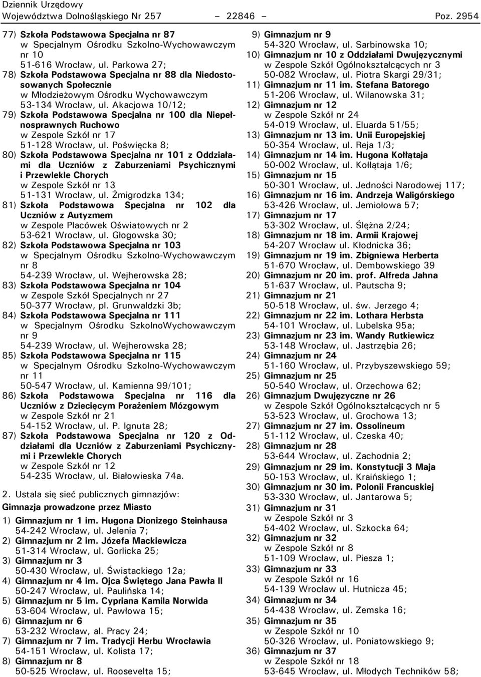 ikacjowa 10/12; 79) Szkoła Podstawowa Specjalna nr 100 dla Niepełnosprawnycw Rucwowo w Zespole Szkół nr 17 51-128 Wrocław, ul.