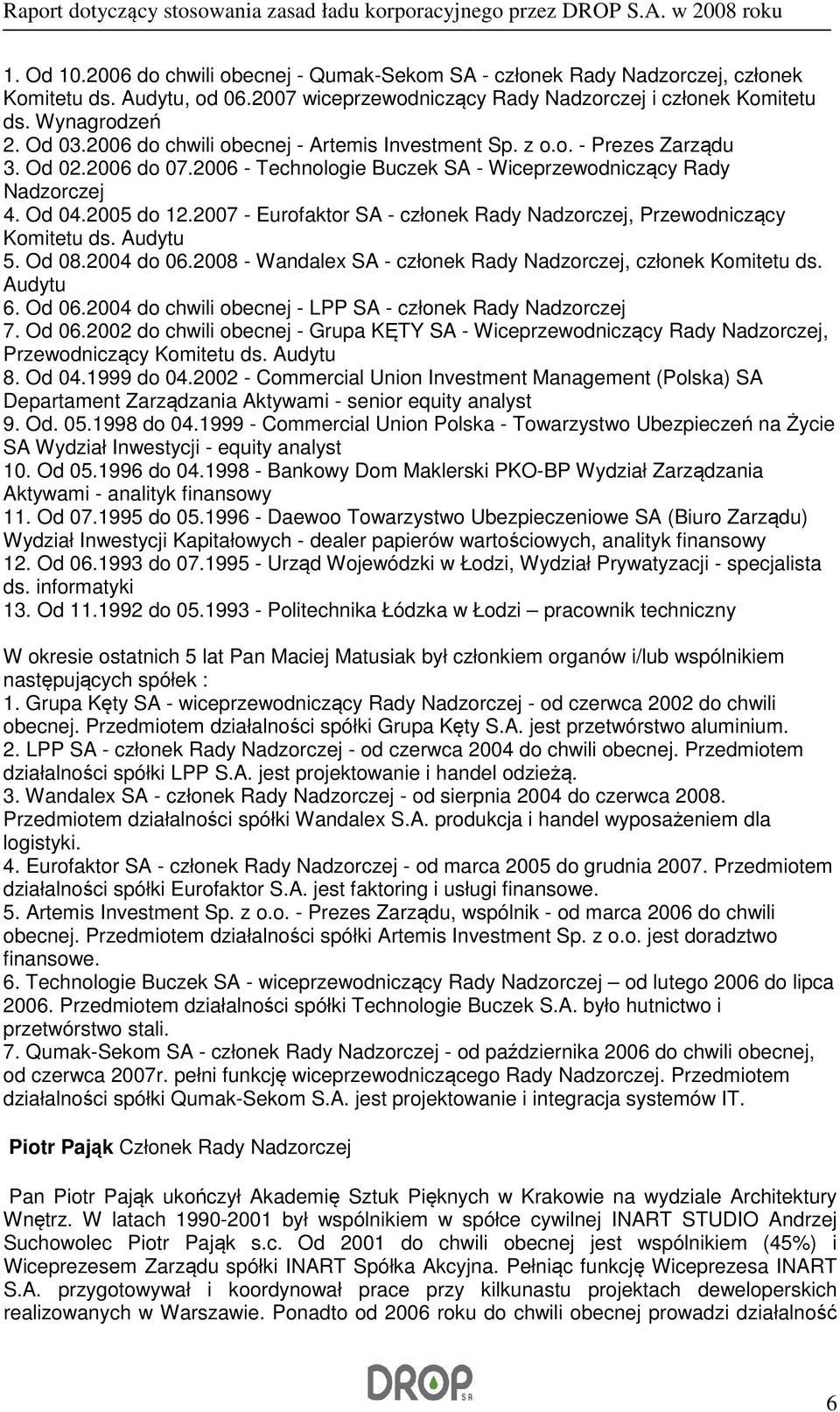 2007 - Eurofaktor SA - członek Rady Nadzorczej, Przewodniczący Komitetu ds. Audytu 5. Od 08.2004 do 06.2008 - Wandalex SA - członek Rady Nadzorczej, członek Komitetu ds. Audytu 6. Od 06.