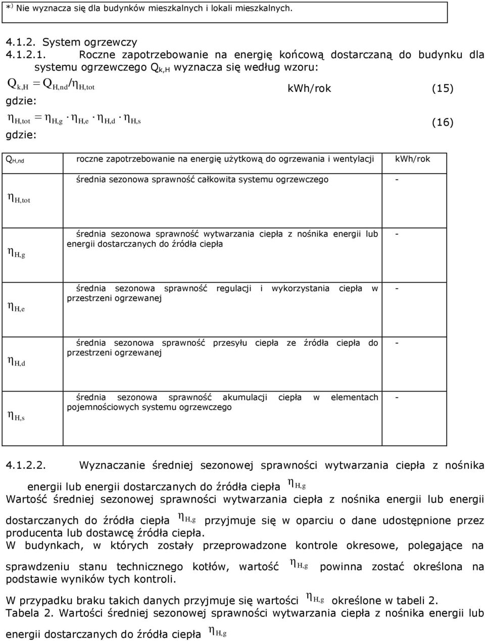 2.1. Roczne zapotrzebowanie na energię końcową dostarczaną do budynku dla systemu ogrzewczego k,h wyznacza się według wzoru: k, H H,nd/ηH,tot η H, tot ηh,g ηh,e ηh,d ηh,s (15) H,nd roczne