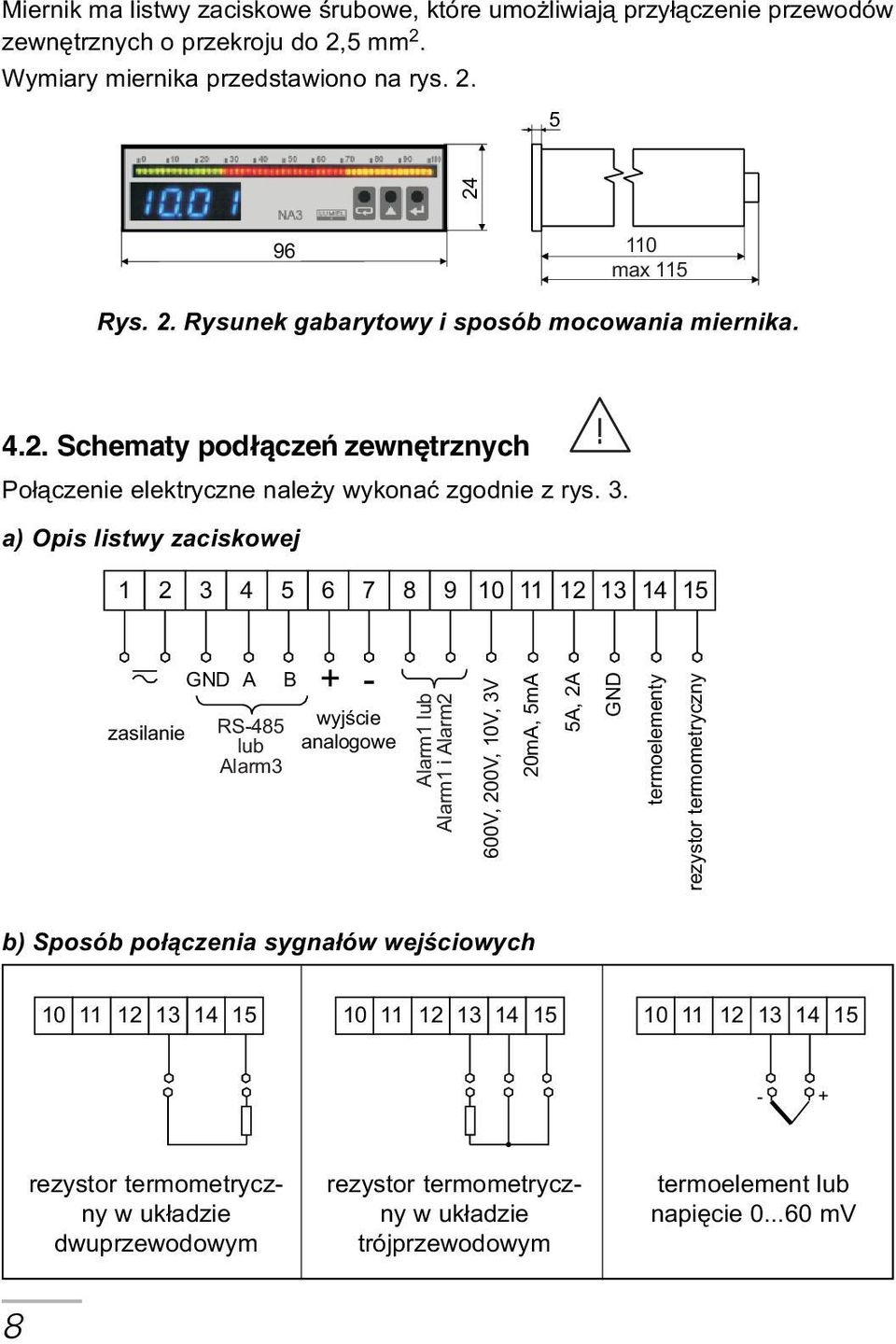 zasilanie GND A RS-485 lub Alarm3 B + - wyjœcie analogowe Alarm1 lub Alarm1 i Alarm2 600V, 200V, 10V, 3V 20mA, 5mA 5A, 2A GND termoelementy rezystor termometryczny b) Sposób po³¹czenia sygna³ów