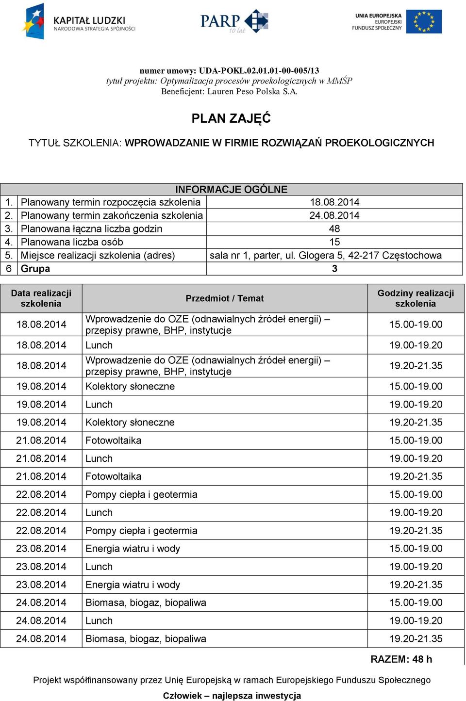 00-19.00 21.08.2014 Lunch 19.00-19.20 21.08.2014 Fotowoltaika 19.20-21.35 22.08.2014 Pompy ciepła i geotermia 15.00-19.00 22.08.2014 Lunch 19.00-19.20 22.08.2014 Pompy ciepła i geotermia 19.20-21.35 23.