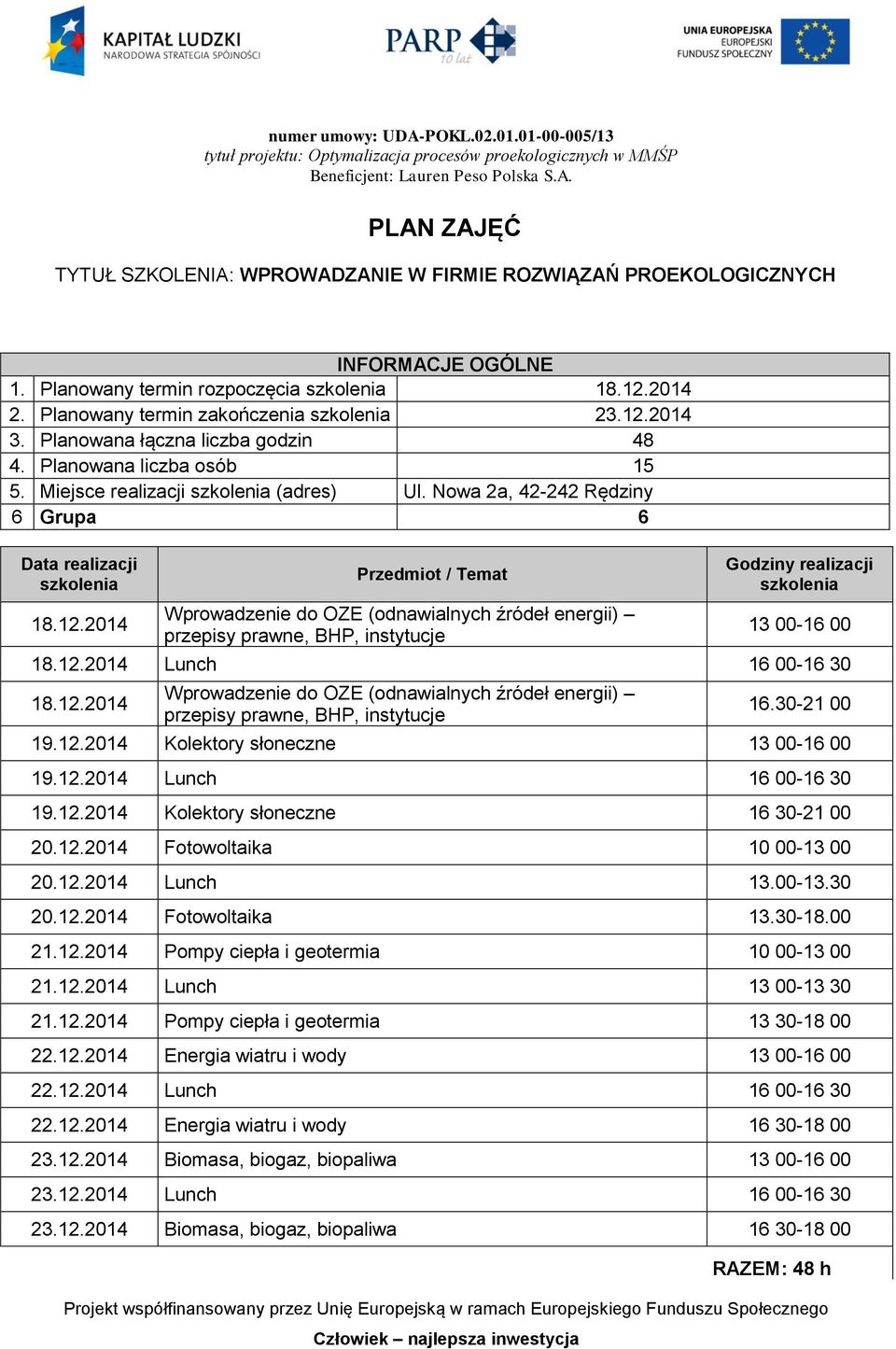 12.2014 Fotowoltaika 13.30-18.00 21.12.2014 Pompy ciepła i geotermia 10 00-13 00 21.12.2014 Lunch 13 00-13 30 21.12.2014 Pompy ciepła i geotermia 13 30-18 00 22.12.2014 Energia wiatru i wody 13 00-16 00 22.