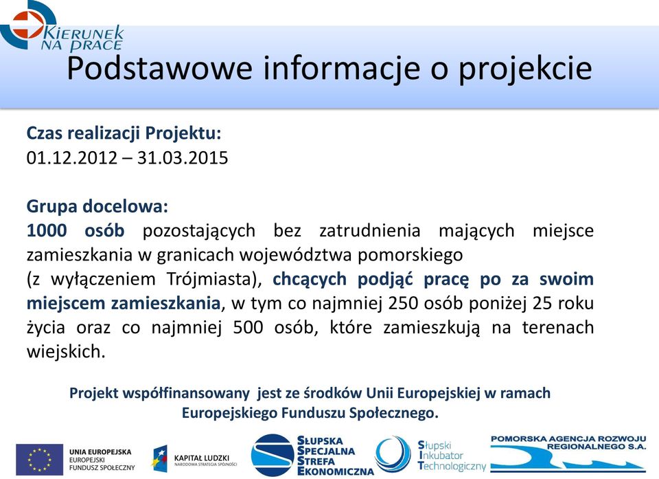 pomorskiego (z wyłączeniem Trójmiasta), chcących podjąć pracę po za swoim miejscem zamieszkania, w tym co najmniej 250