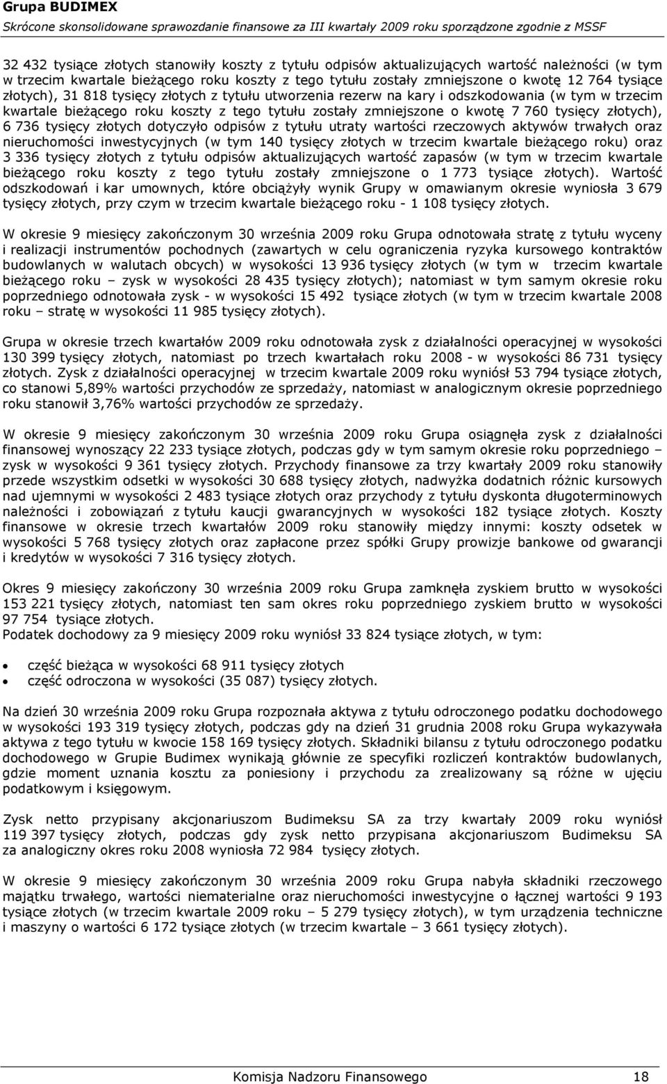 736 tysięcy złotych dotyczyło odpisów z tytułu utraty wartości rzeczowych aktywów trwałych oraz nieruchomości inwestycyjnych (w tym 140 tysięcy złotych w trzecim kwartale bieżącego roku) oraz 3 336