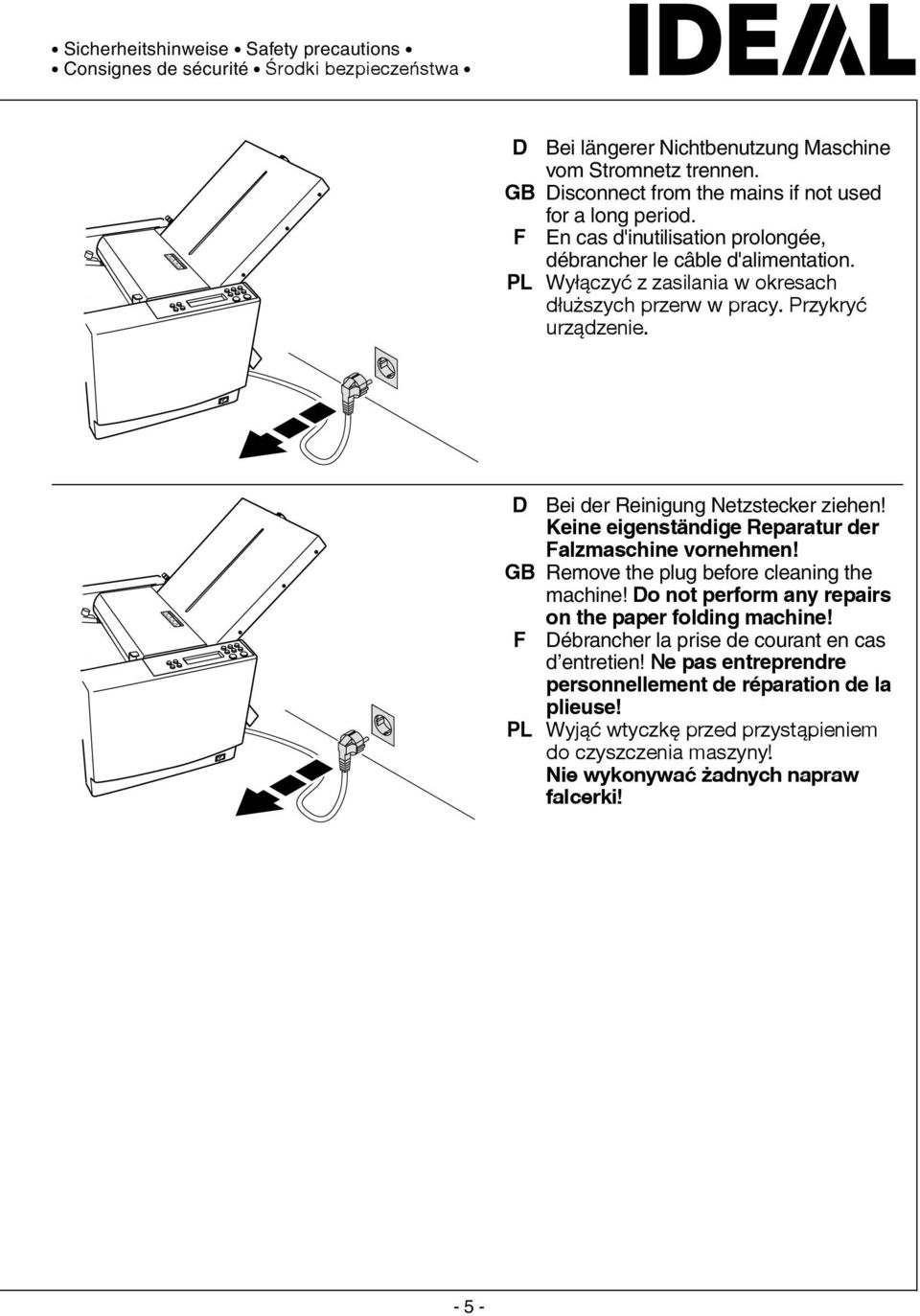 Przykryć urządzenie. 20-04 D Bei der Reinigung Netzstecker ziehen! Keine eigenständige Reparatur der alzmaschine vornehmen! GB Remove the plug before cleaning the machine!